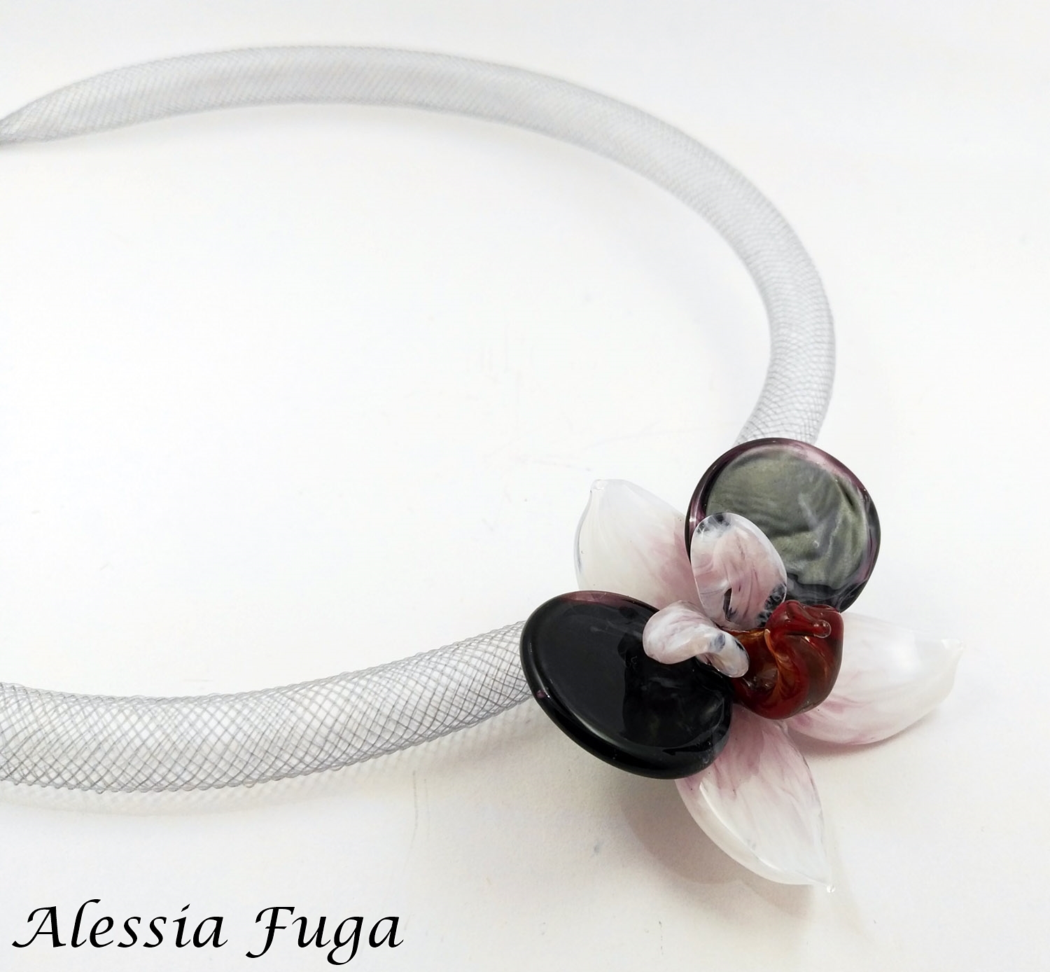 White pink and dark amethyst lampwork orchid pendant made by Alessia Fuga