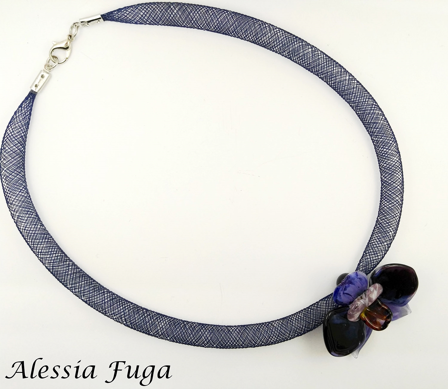 Lampwork wisteria orchlid pendant on a plastic mesh tube necklace