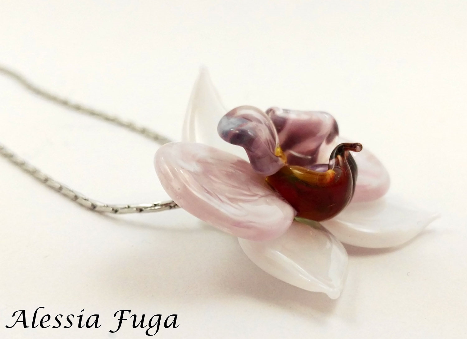 withe and pink orchid pendant, side view